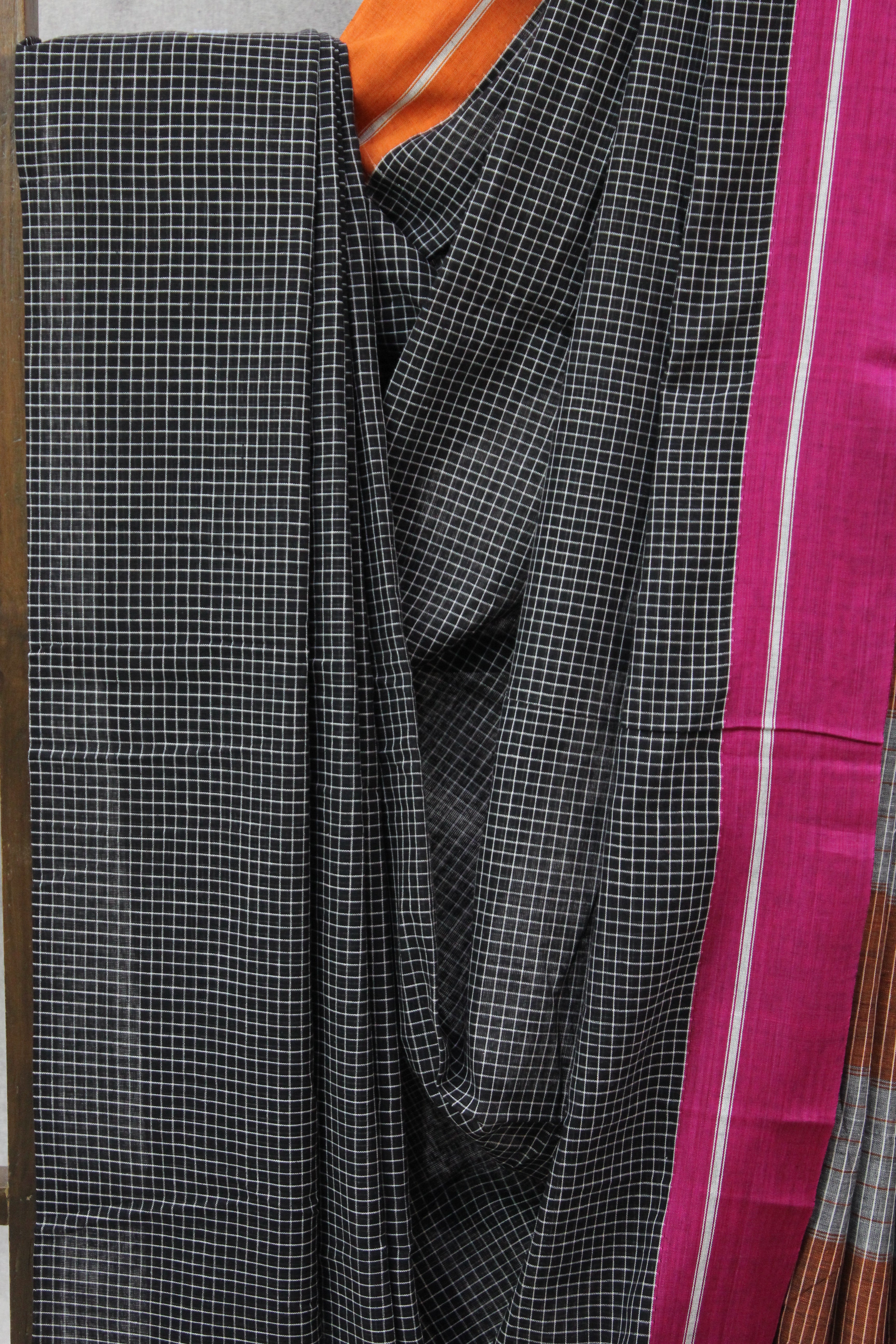 Black Big Checks Cotton Patteda Anchu Saree - SRBPAS176