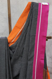 Black Big Checks Cotton Patteda Anchu Saree - SRBPAS176