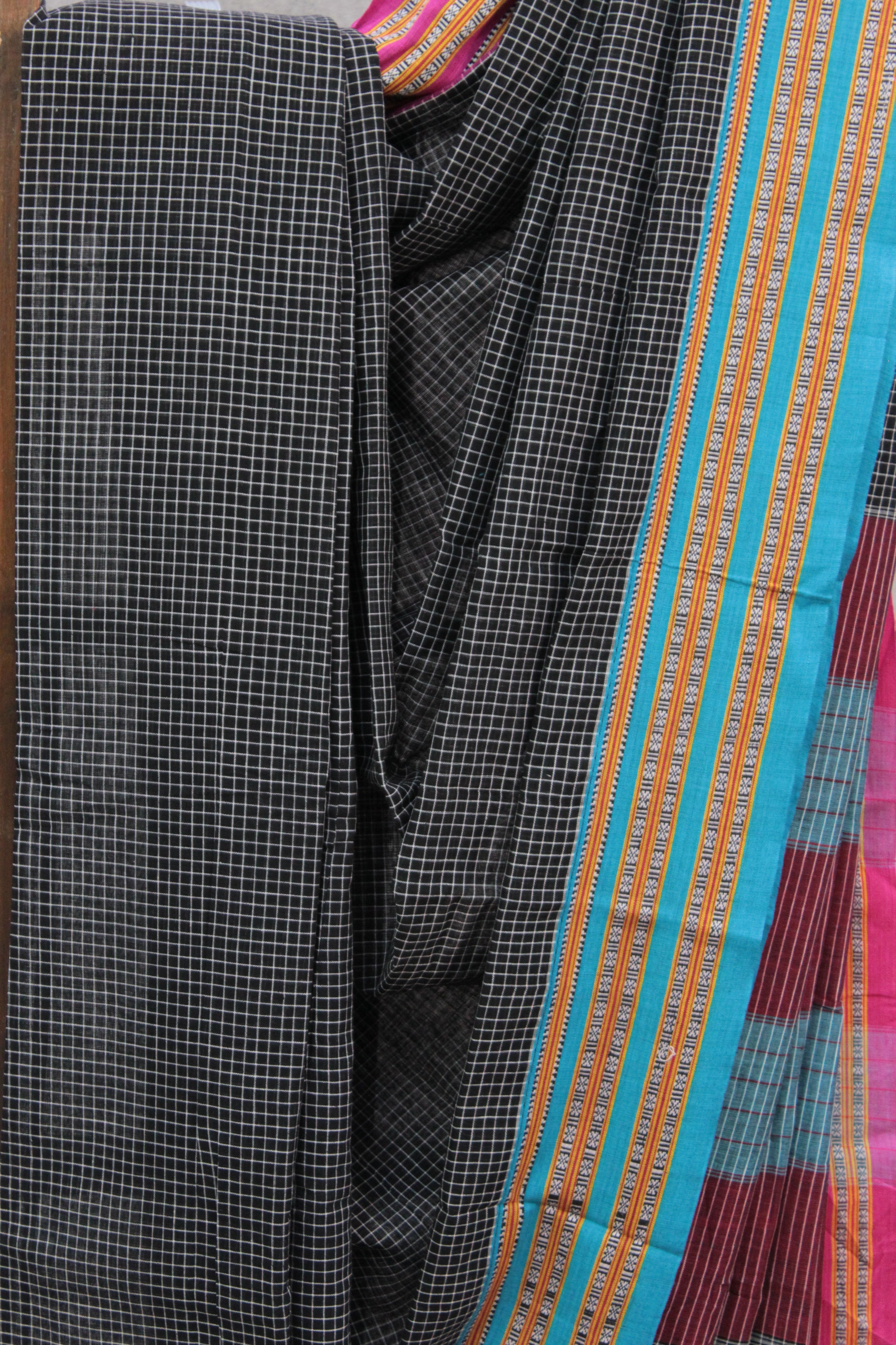 Black Big Checks Patteda Anchu Saree - SRBPAS180