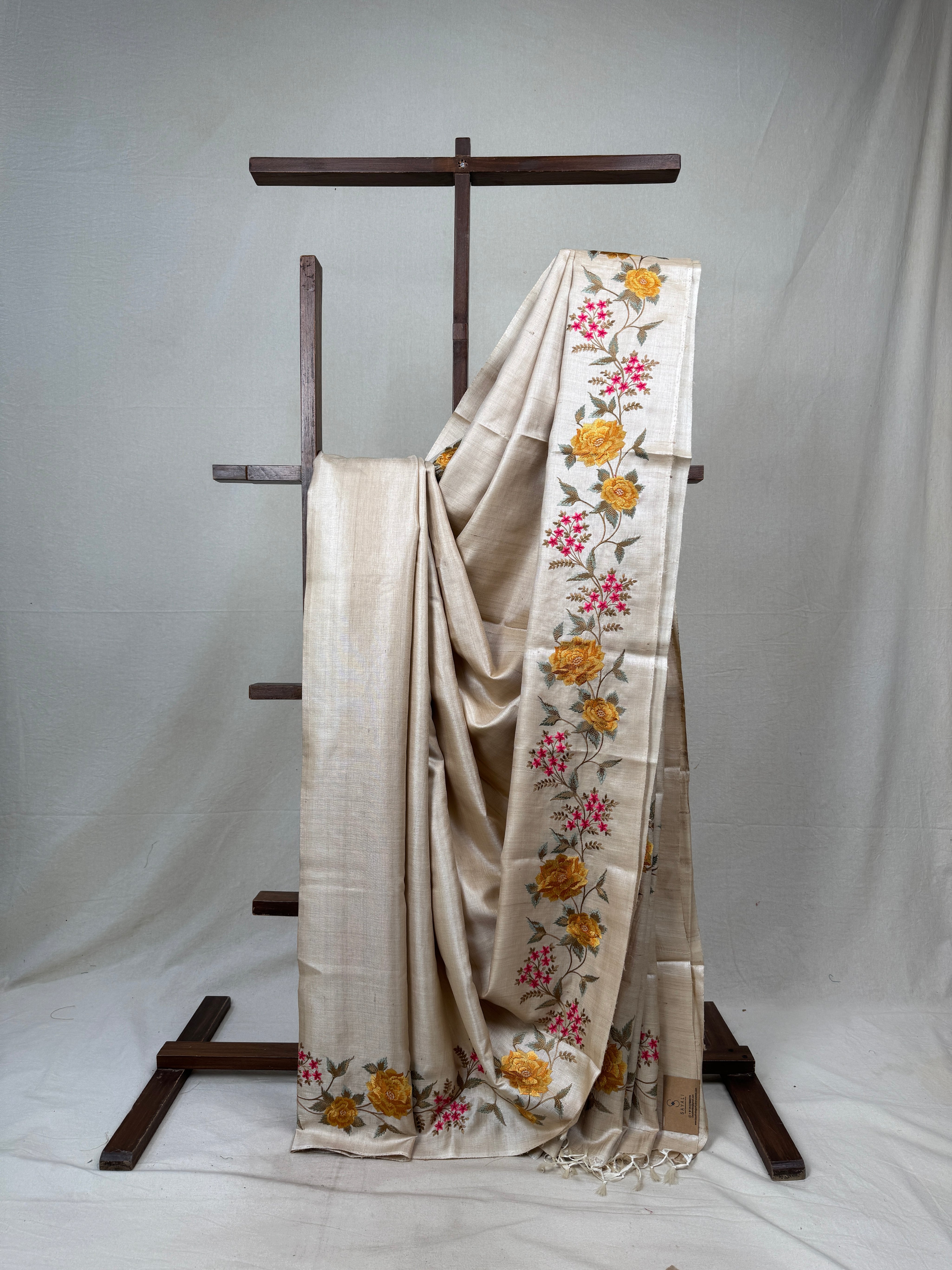 Cream Machine Embroidered Tussar Silk Saree - SRCMETSS1479