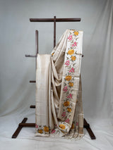 Cream Machine Embroidered Tussar Silk Saree - SRCMETSS1479
