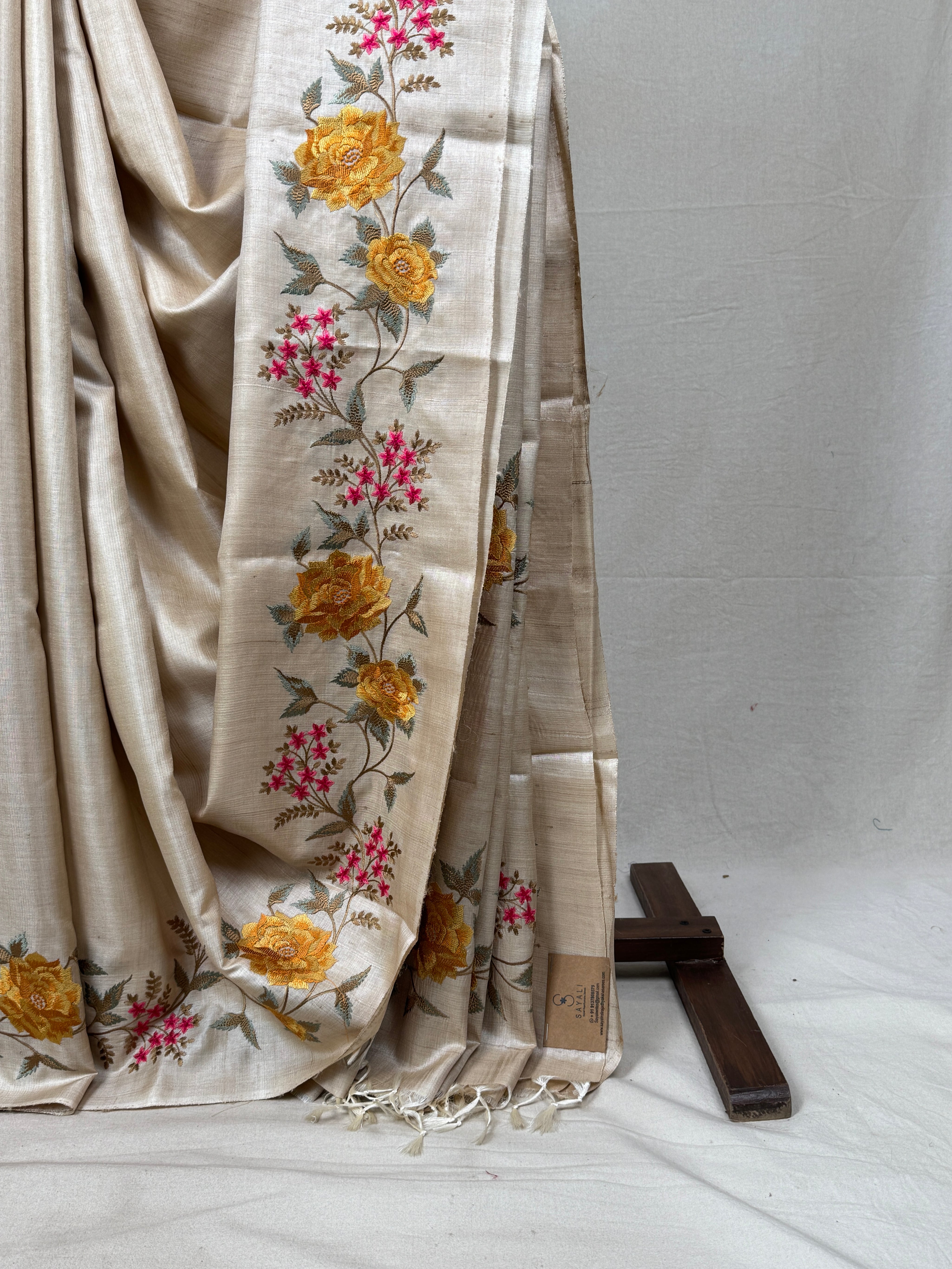 Cream Machine Embroidered Tussar Silk Saree - SRCMETSS1479