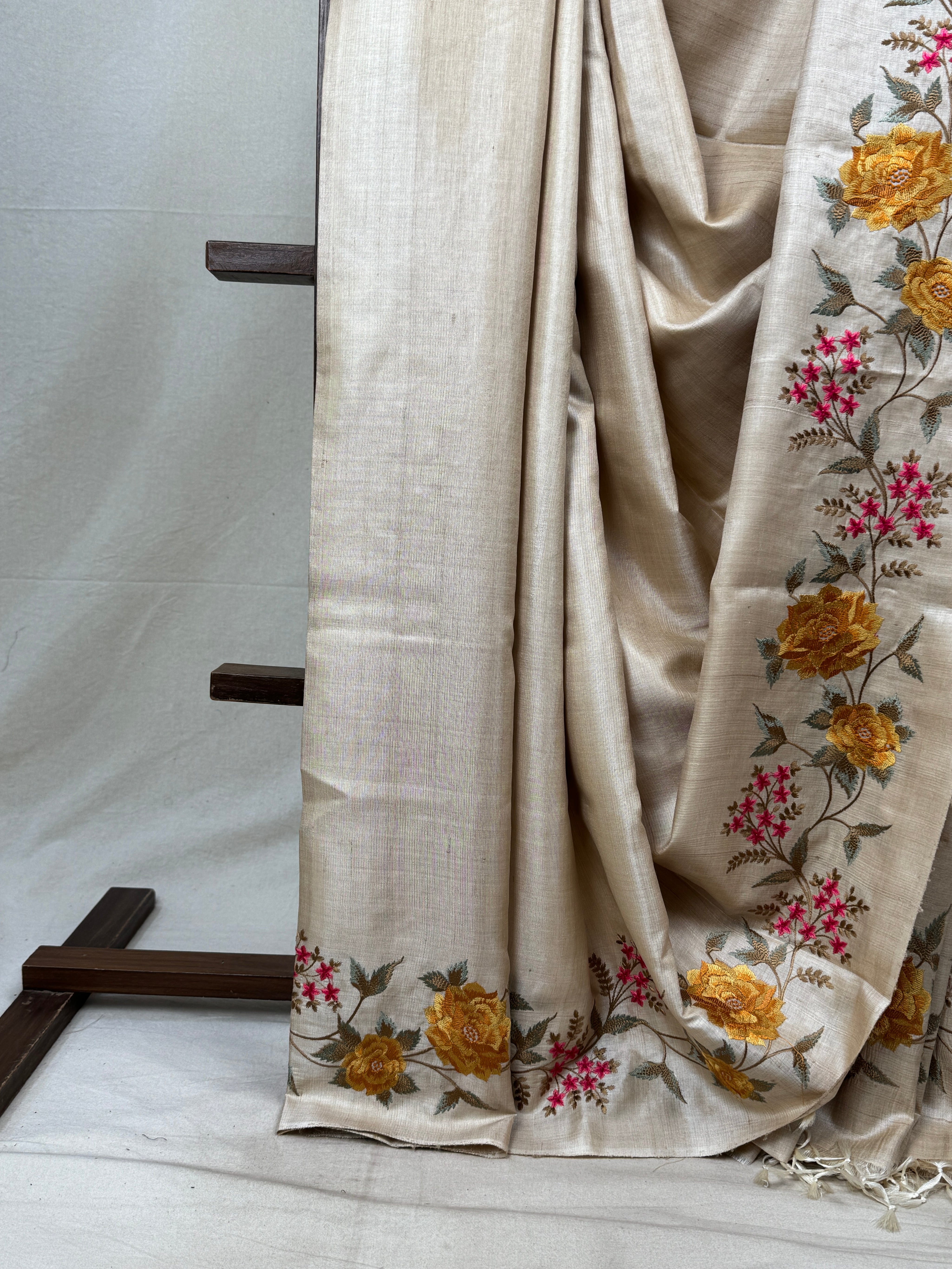 Cream Machine Embroidered Tussar Silk Saree - SRCMETSS1479
