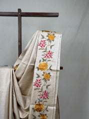 Cream Machine Embroidered Tussar Silk Saree - SRCMETSS1479