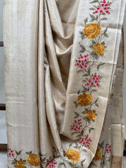 Cream Machine Embroidered Tussar Silk Saree - SRCMETSS1479
