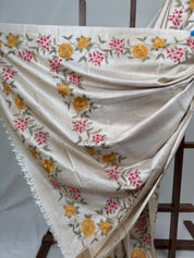 Cream Machine Embroidered Tussar Silk Saree - SRCMETSS1479