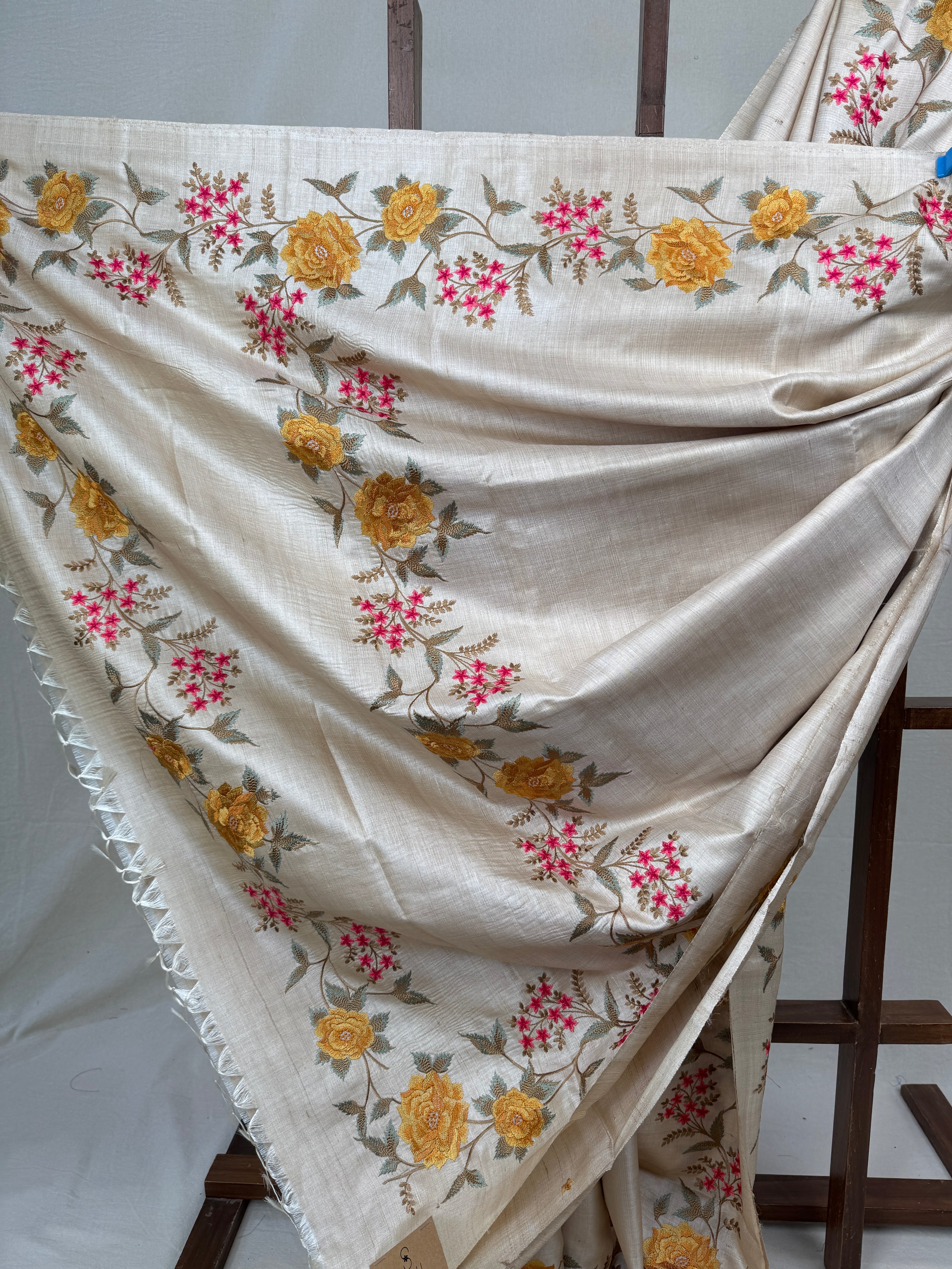 Cream Machine Embroidered Tussar Silk Saree - SRCMETSS1479