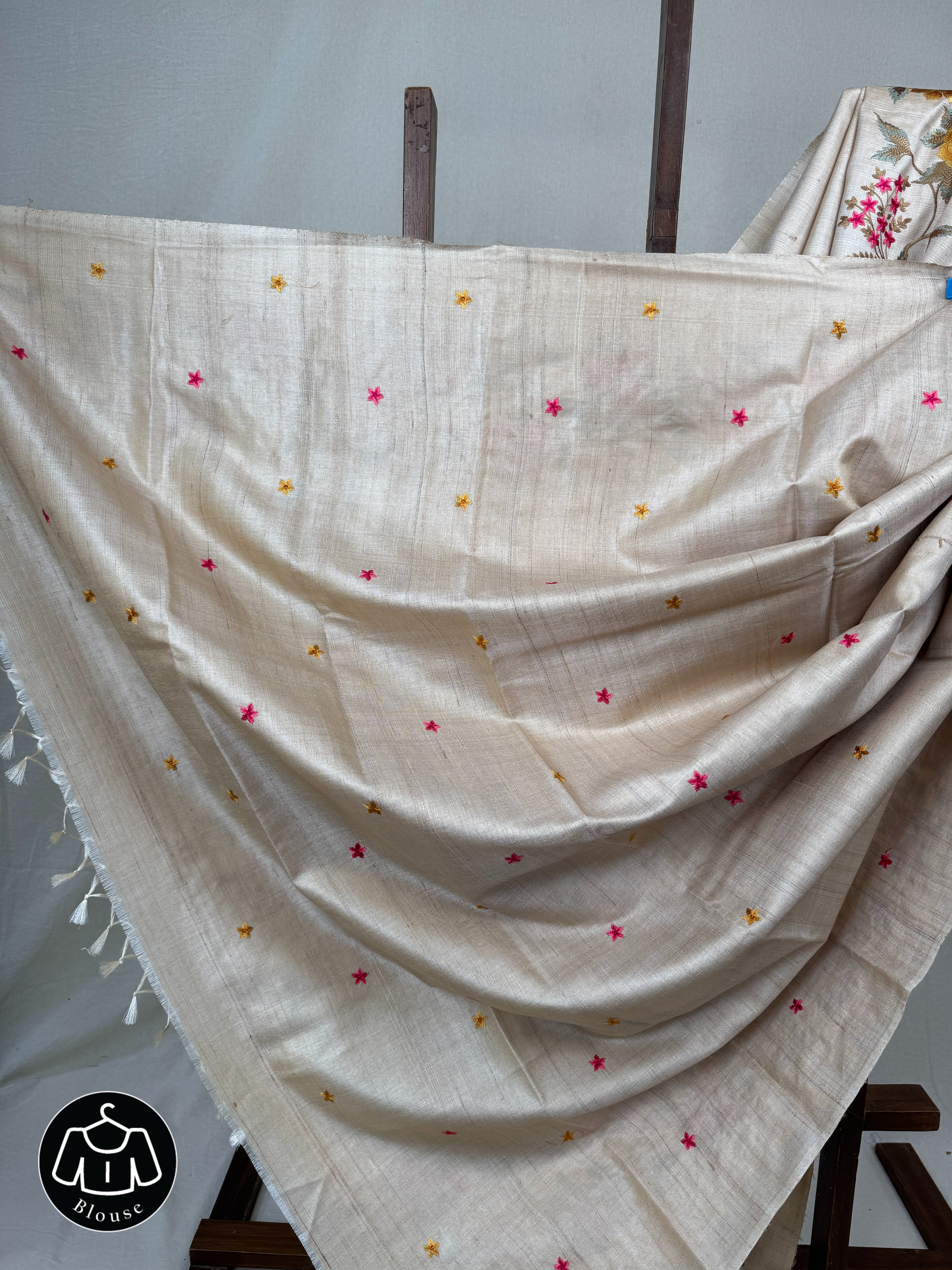 Cream Machine Embroidered Tussar Silk Saree - SRCMETSS1479