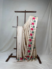 Cream Machine Embroidered Tussar Silk Saree - SRCMETSS1475