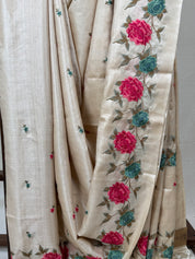 Cream Machine Embroidered Tussar Silk Saree - SRCMETSS1475