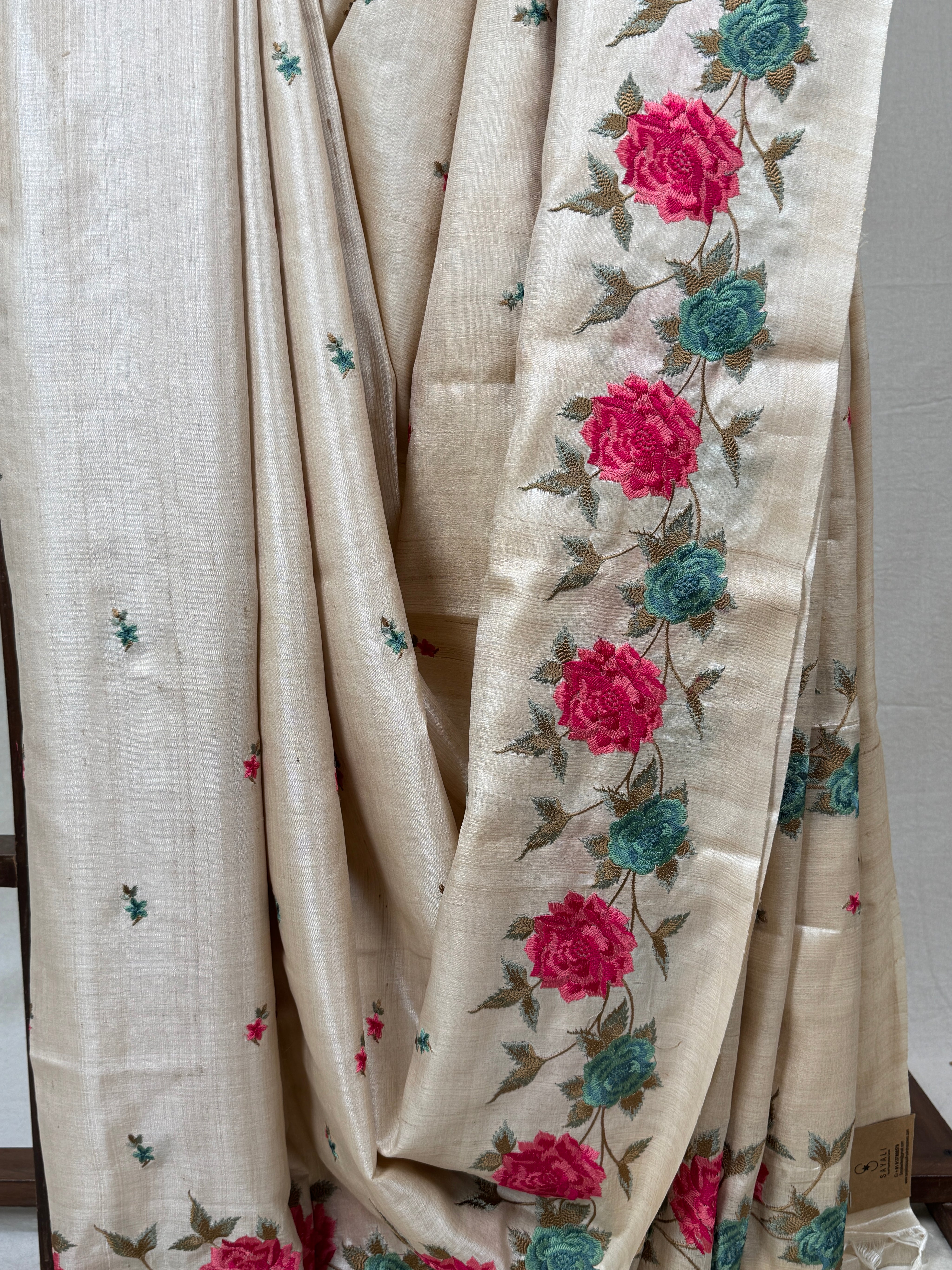 Cream Machine Embroidered Tussar Silk Saree - SRCMETSS1475