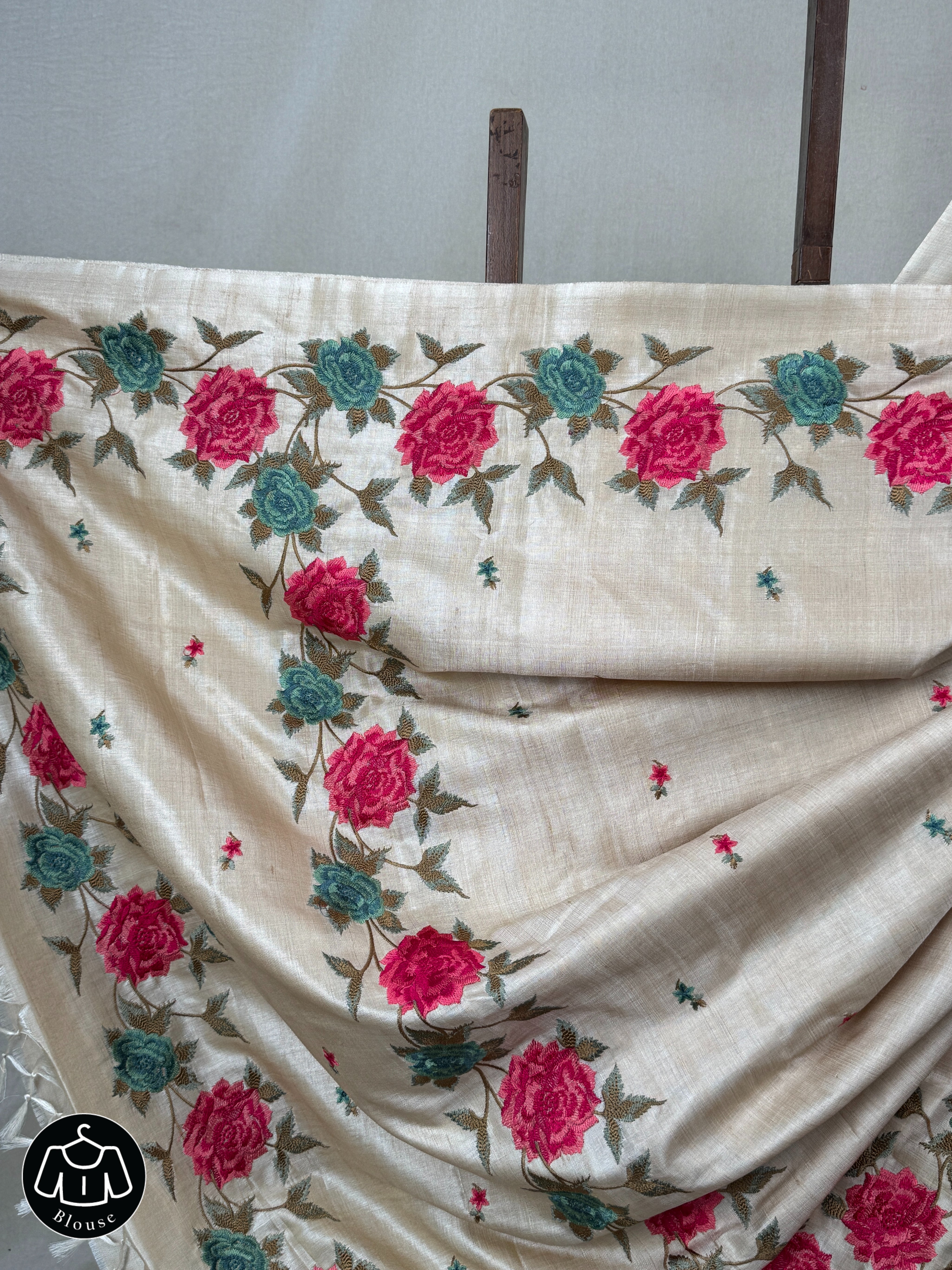 Cream Machine Embroidered Tussar Silk Saree - SRCMETSS1475