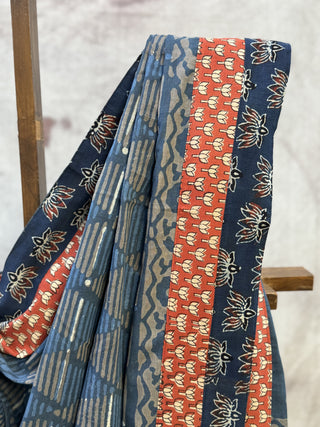 Navy Blue Cotton Patchwork Saree-SRNBCPWS152