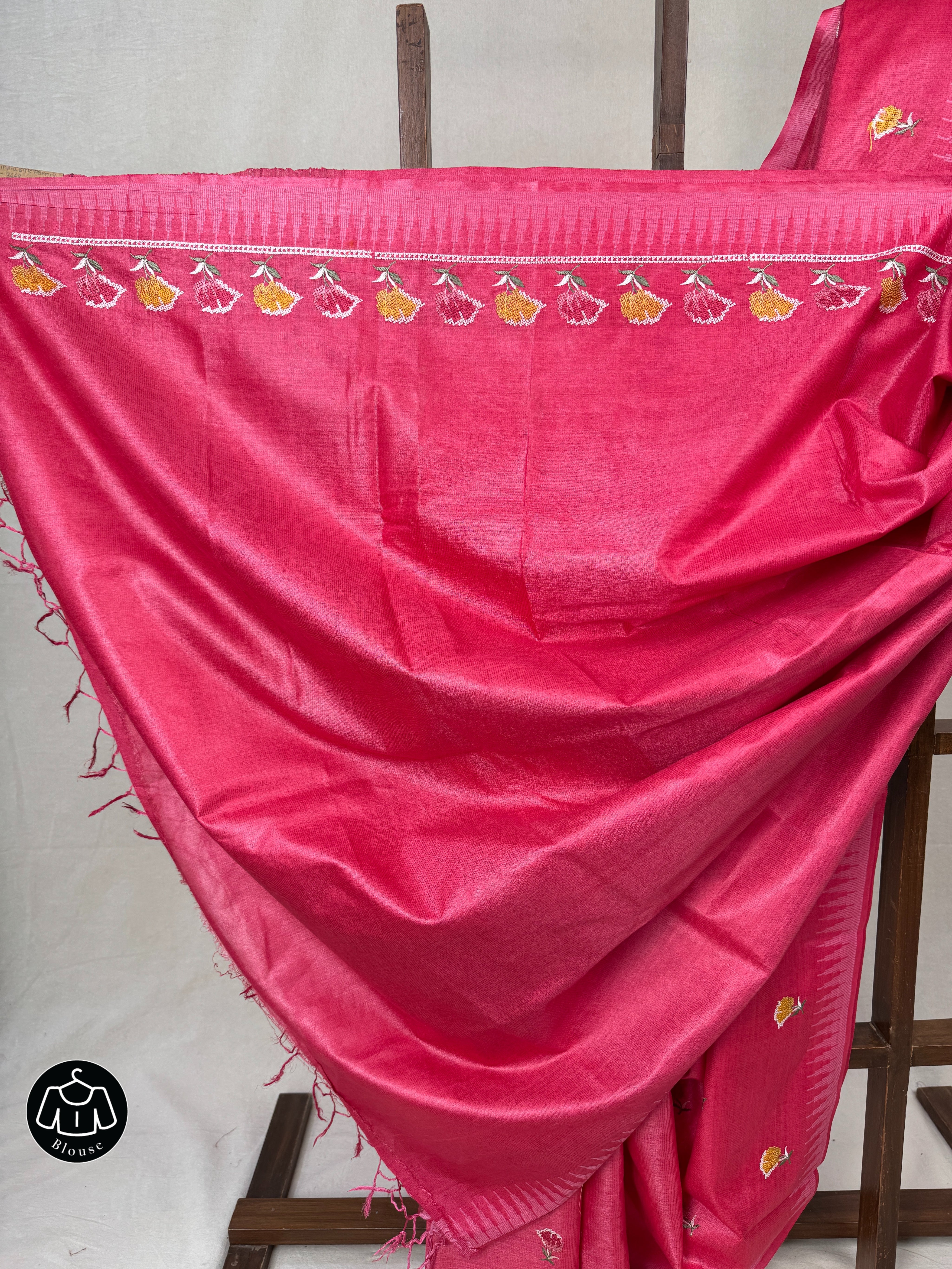 Rani Pink Machine Embroidered Tussar Silk Saree - SRRPMETSS1519