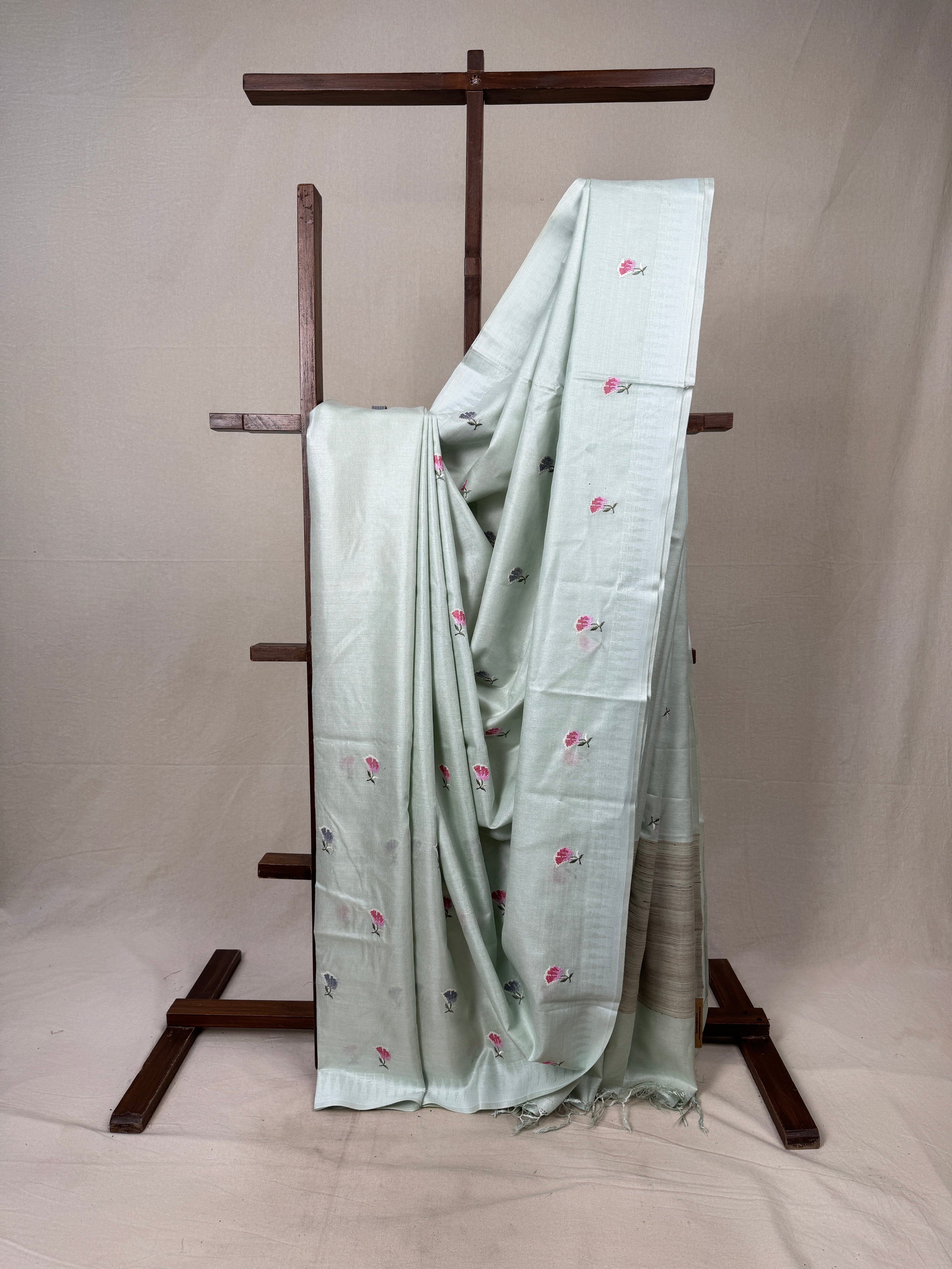 Mint Green Machine Embroidered Tussar Silk Saree - SRMGMETSS1518