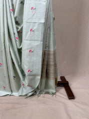 Mint Green Machine Embroidered Tussar Silk Saree - SRMGMETSS1518