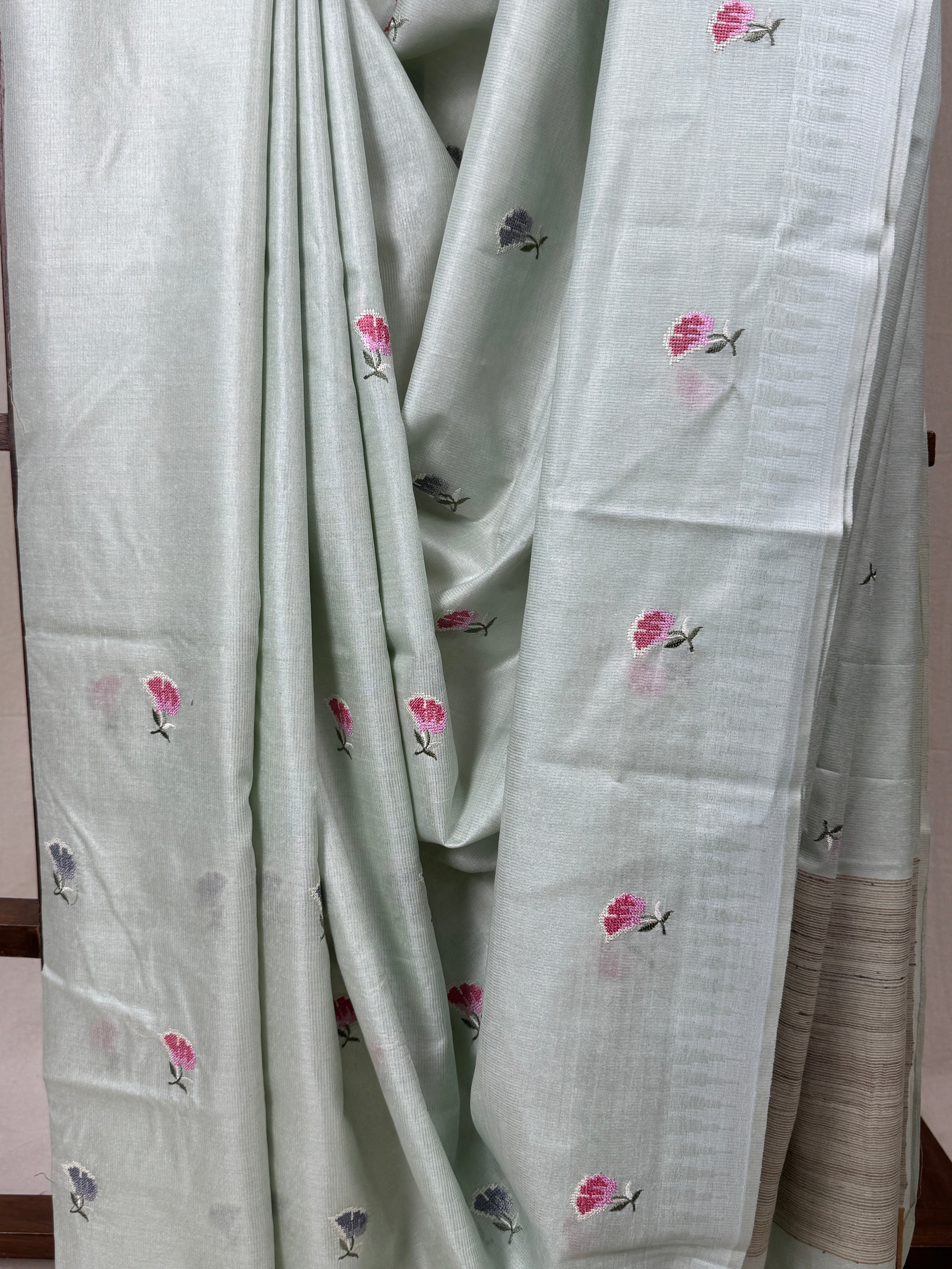 Mint Green Machine Embroidered Tussar Silk Saree - SRMGMETSS1518