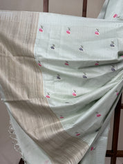 Mint Green Machine Embroidered Tussar Silk Saree - SRMGMETSS1518