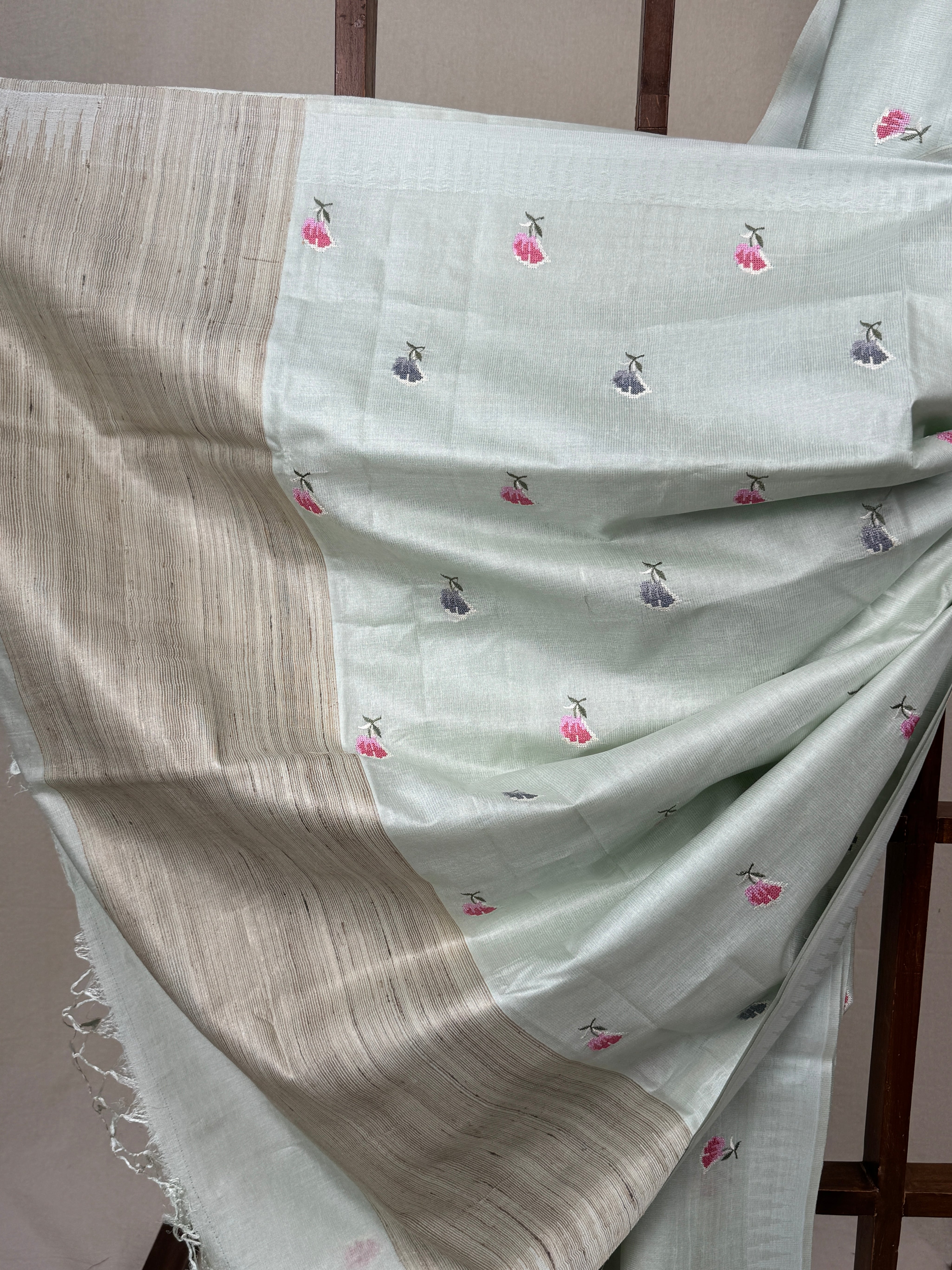 Mint Green Machine Embroidered Tussar Silk Saree - SRMGMETSS1518