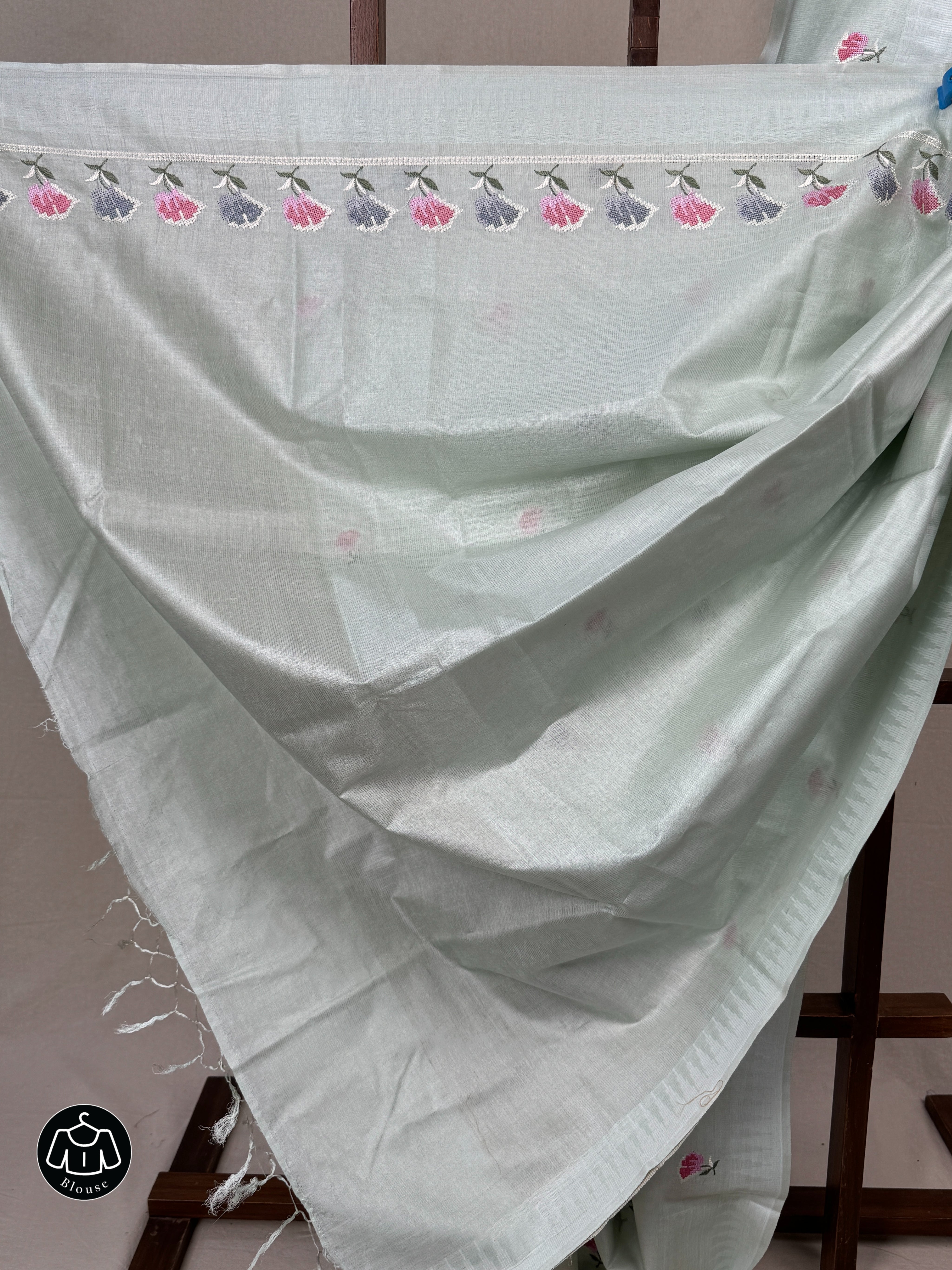 Mint Green Machine Embroidered Tussar Silk Saree - SRMGMETSS1518