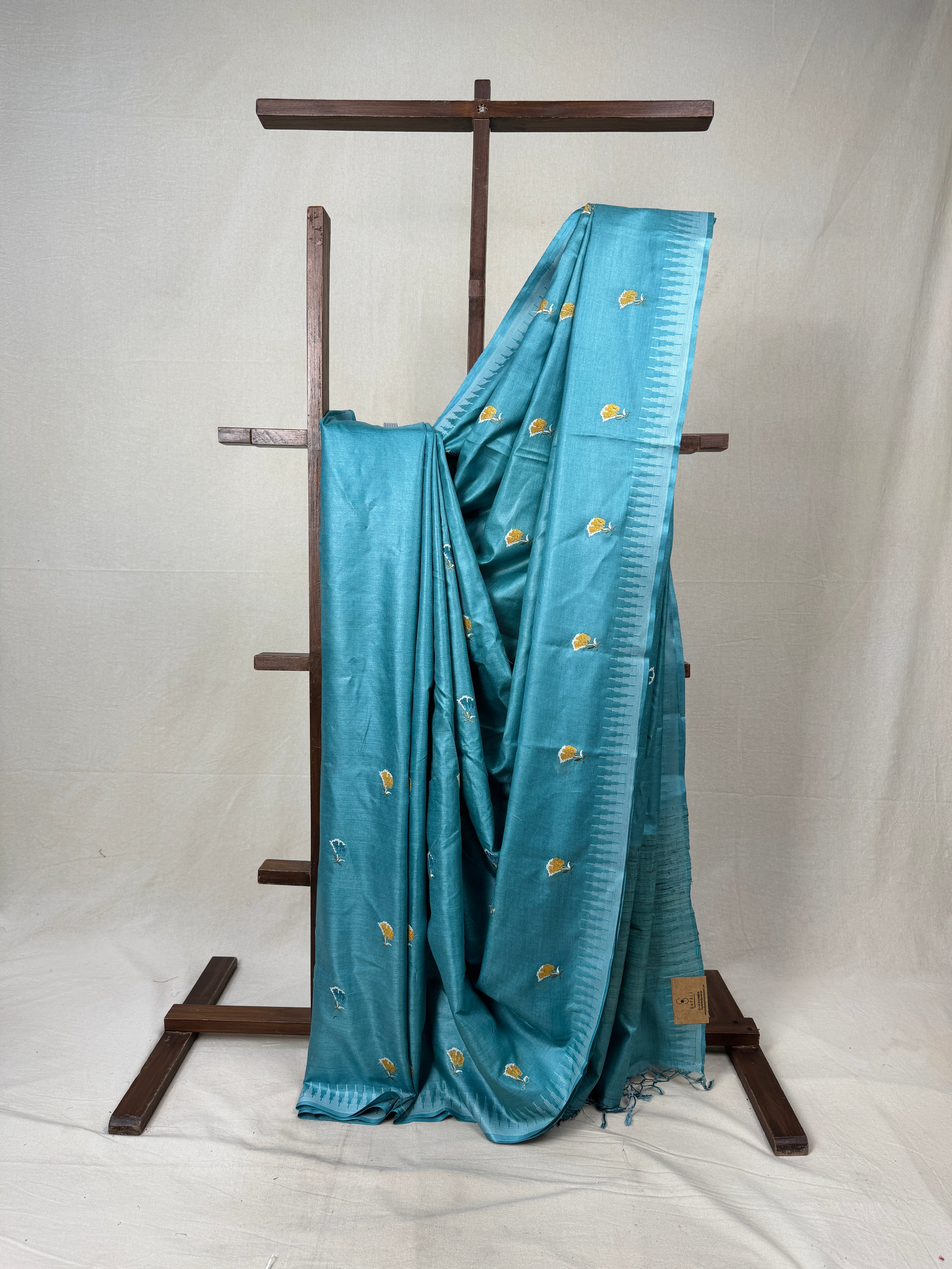 Sky Blue Machine Embroidered Tussar Silk Saree - SRSBMETSS1516
