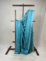Sky Blue Machine Embroidered Tussar Silk Saree - SRSBMETSS1516