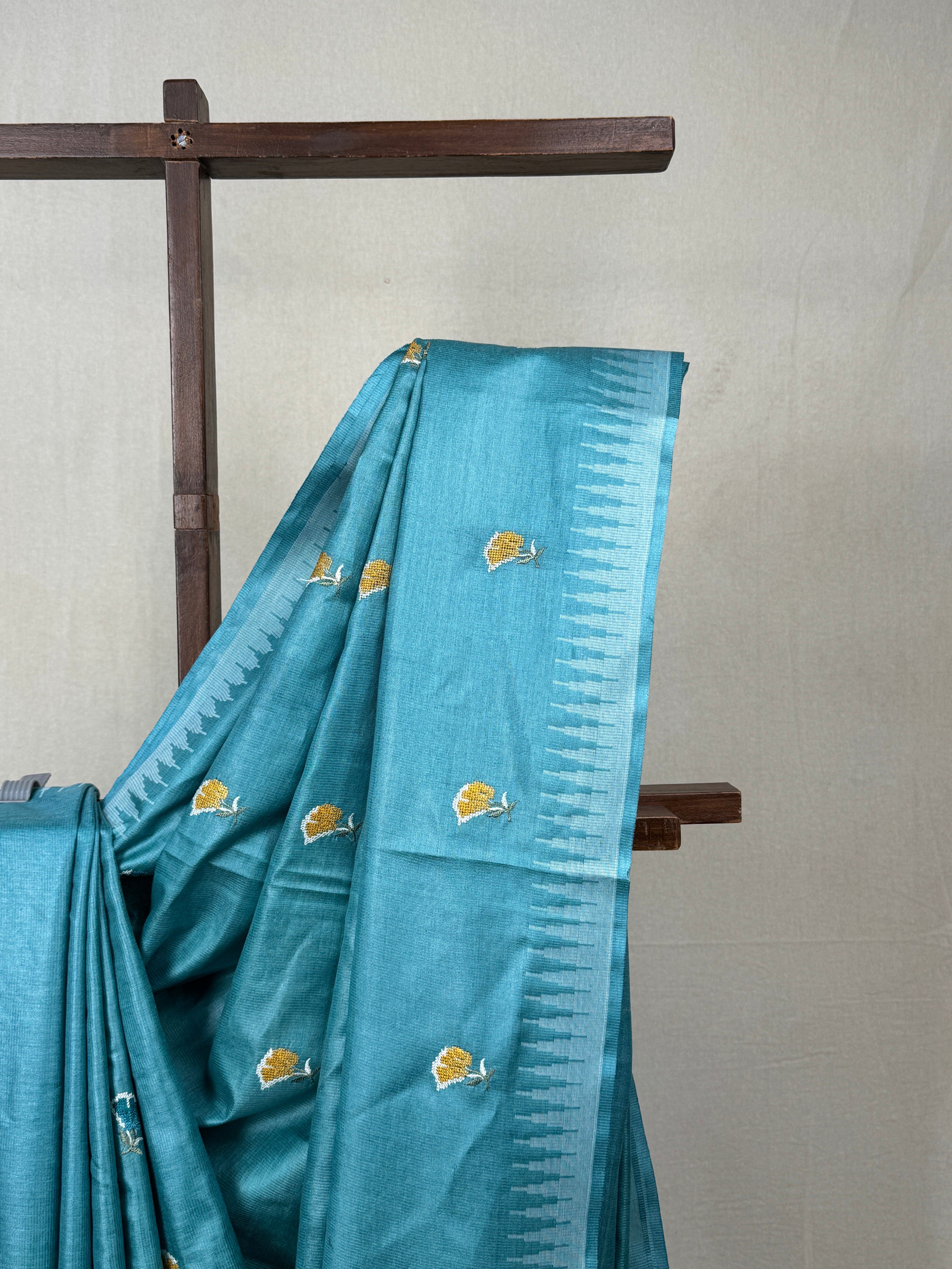 Sky Blue Machine Embroidered Tussar Silk Saree - SRSBMETSS1516