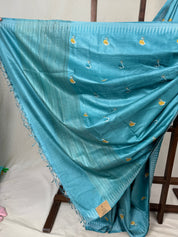 Sky Blue Machine Embroidered Tussar Silk Saree - SRSBMETSS1516