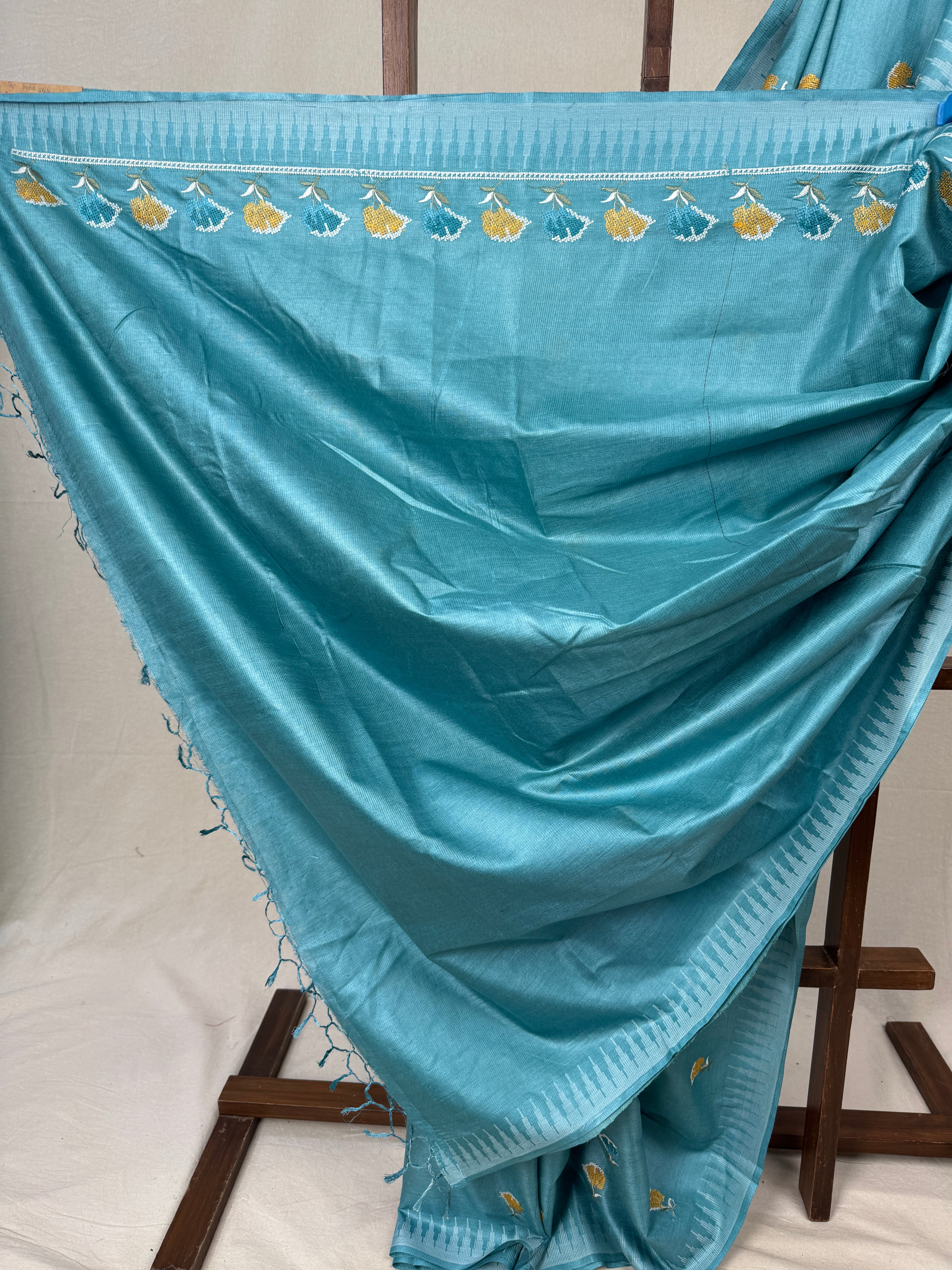 Sky Blue Machine Embroidered Tussar Silk Saree - SRSBMETSS1516