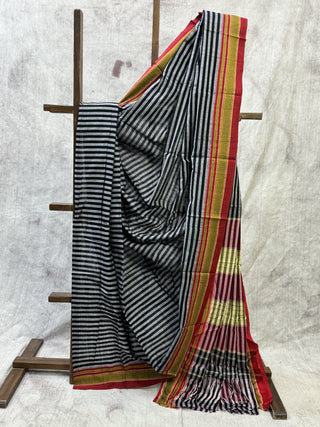 Black-White Striped Cotton Patteda Anchu Saree With Yellow-Red Gomi Border-SRBWCPAS49