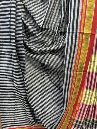 Black-White Striped Cotton Patteda Anchu Saree With Yellow-Red Gomi Border-SRBWCPAS49