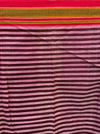 Purple Striped Cotton Patteda Anchu Saree With Yellow-Red Gomi Border-SRPCPAS51
