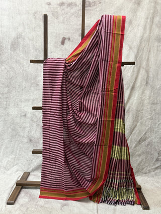 Red Striped Cotton Patteda Anchu Saree With Yellow-Red Gomi Border-SRRCPAS50