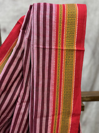 Red Striped Cotton Patteda Anchu Saree With Yellow-Red Gomi Border-SRRCPAS50