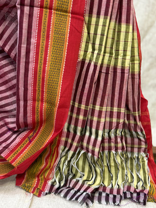 Red Striped Cotton Patteda Anchu Saree With Yellow-Red Gomi Border-SRRCPAS50