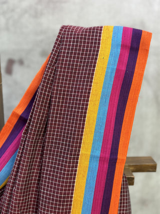 Maroon Big Checks Cotton Patteda Anchu Saree-SRMCPAS53