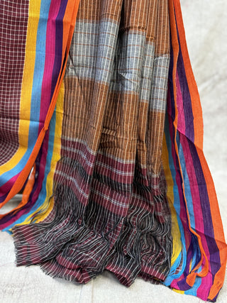 Maroon Big Checks Cotton Patteda Anchu Saree-SRMCPAS53