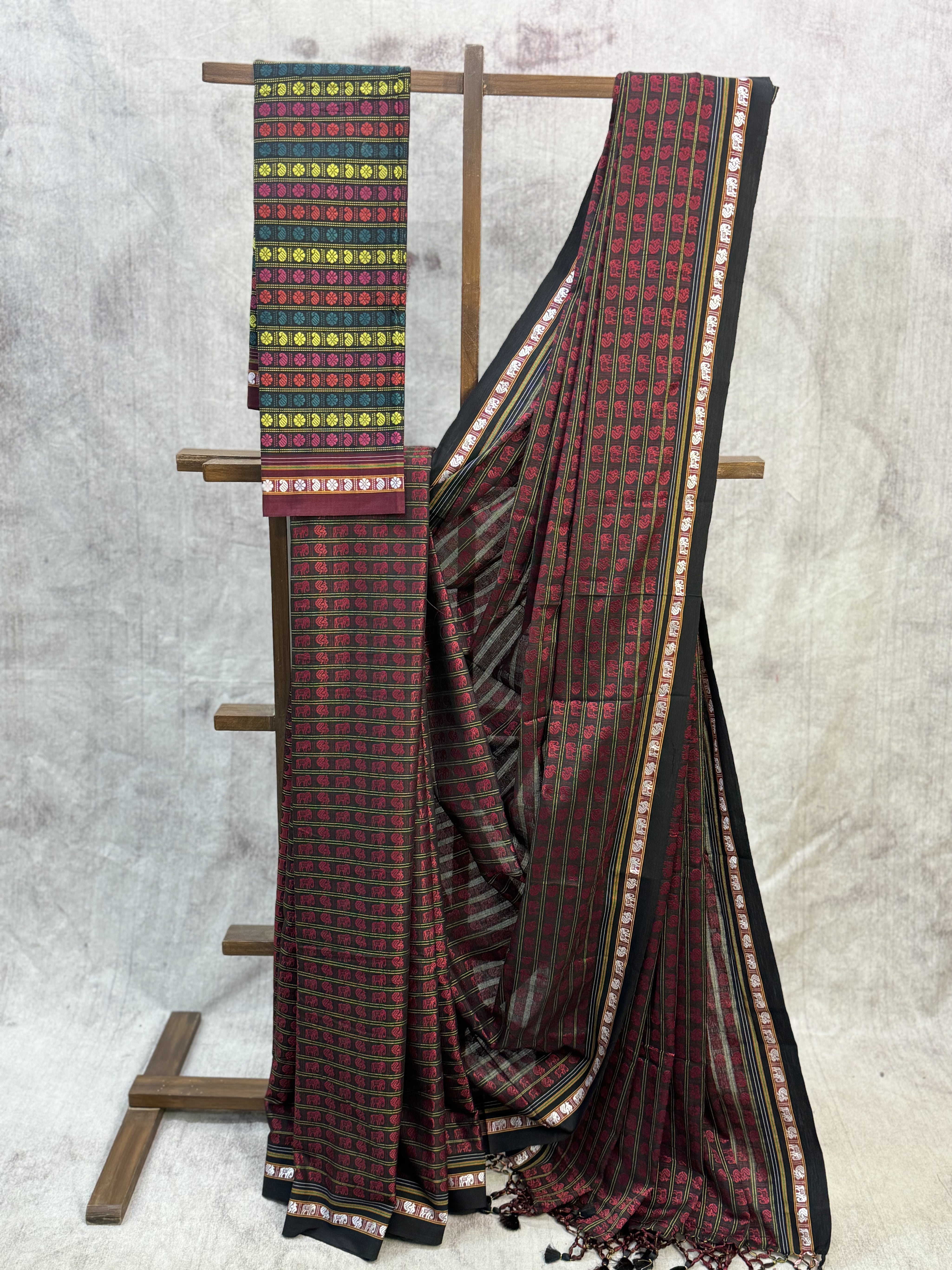 Black-Red Hathi Mor Khun Saree-SRBRHMKS31