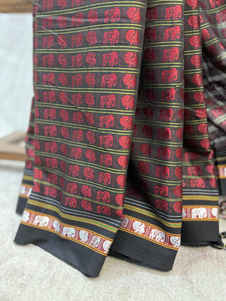 Black-Red Hathi Mor Khun Saree-SRBRHMKS31