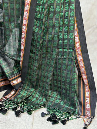 Black-Green Hathi Mor Khun Saree - SRBGHMKS35