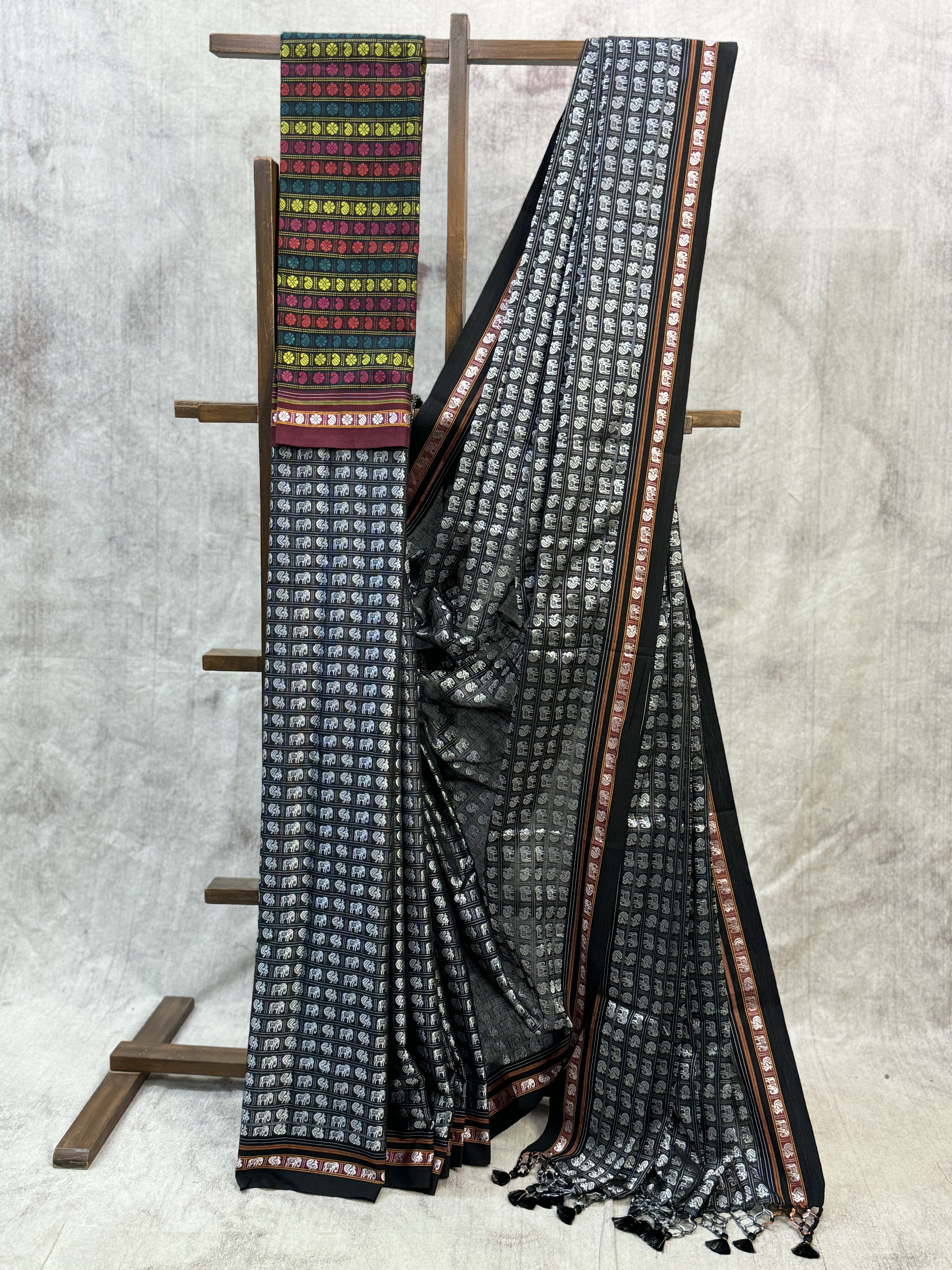 Black-Silver Hathi Mor Khun Saree - SRBSHMKS32