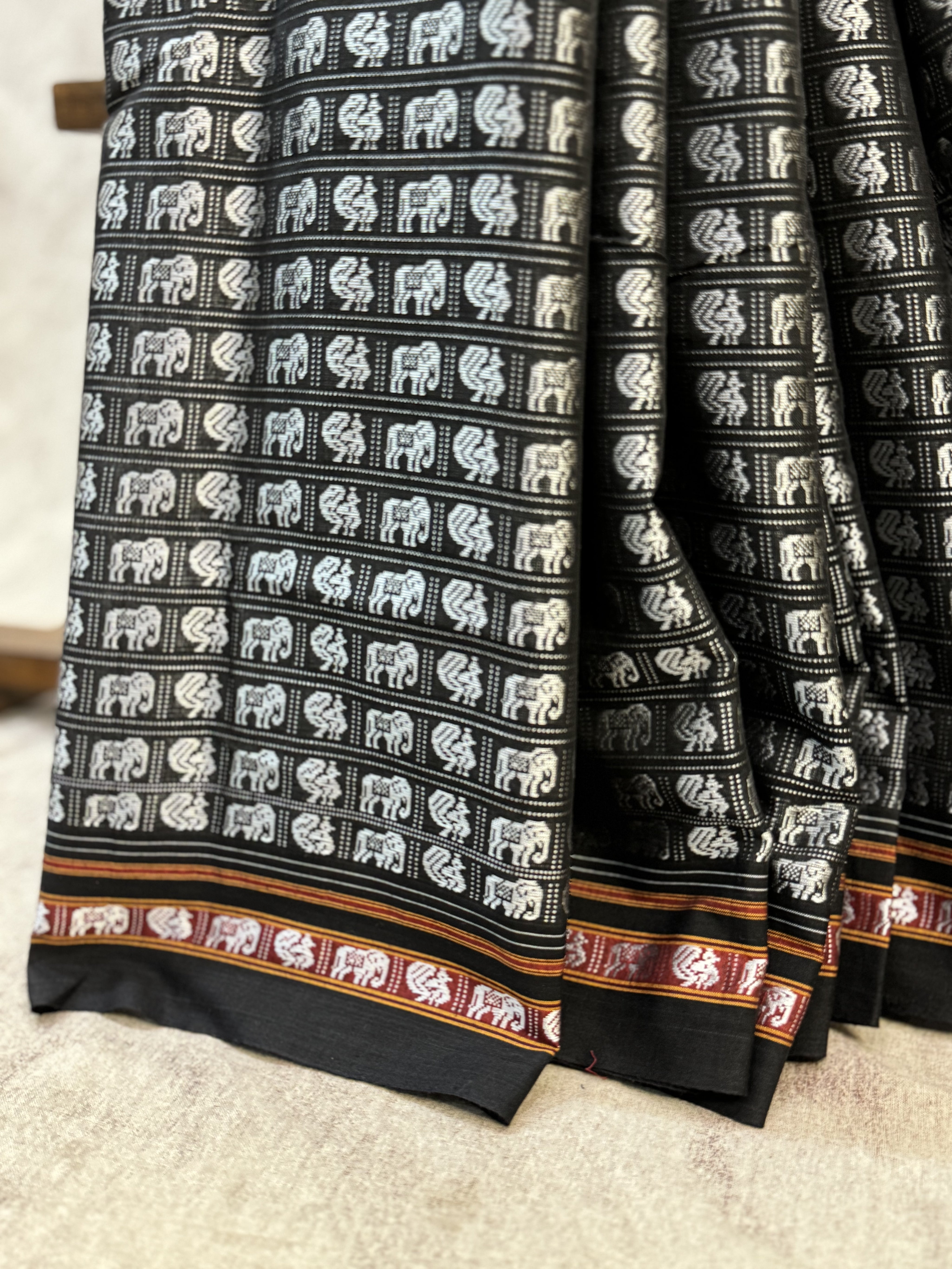 Black-Silver Hathi Mor Khun Saree - SRBSHMKS32