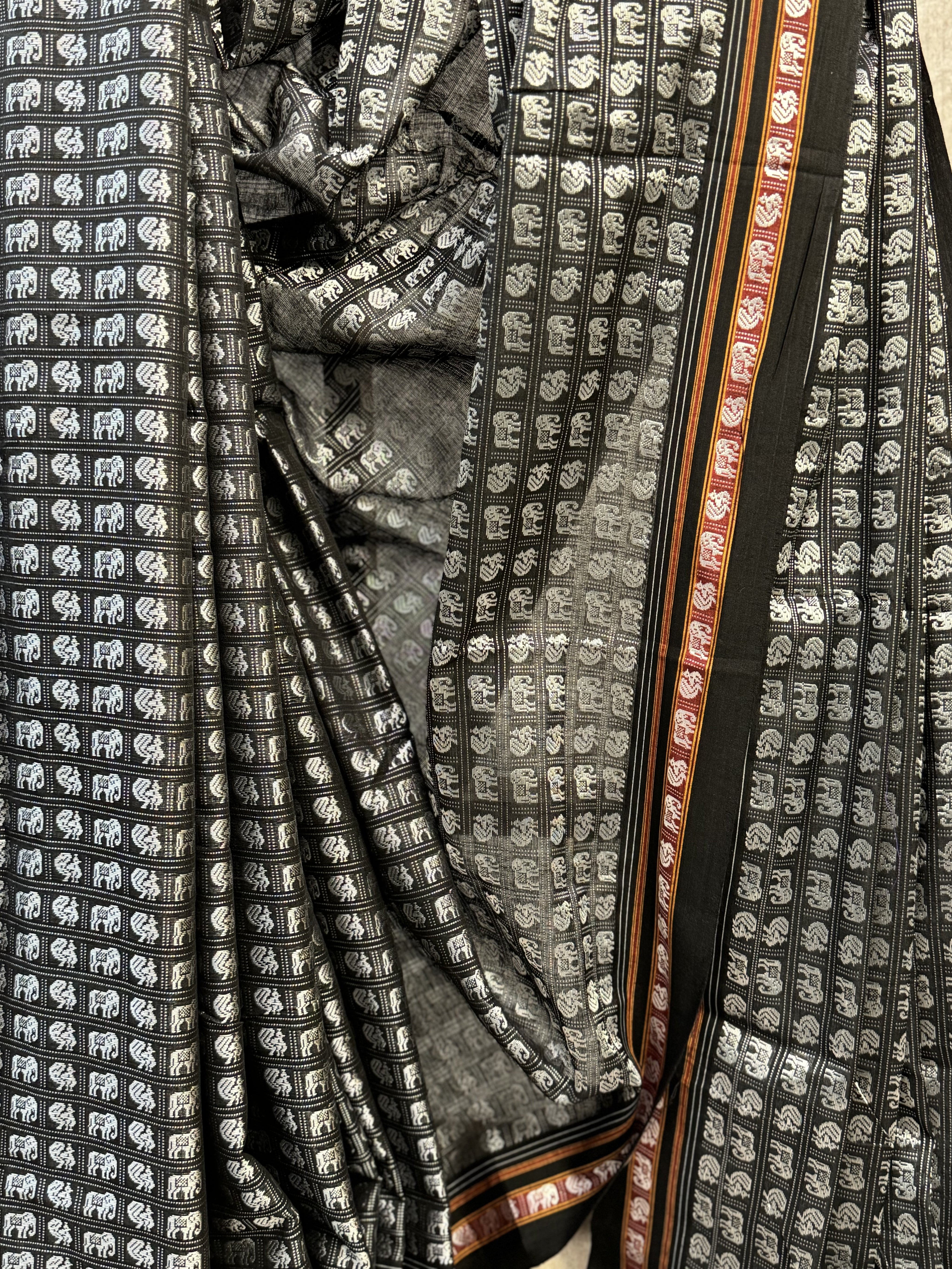 Black-Silver Hathi Mor Khun Saree - SRBSHMKS32