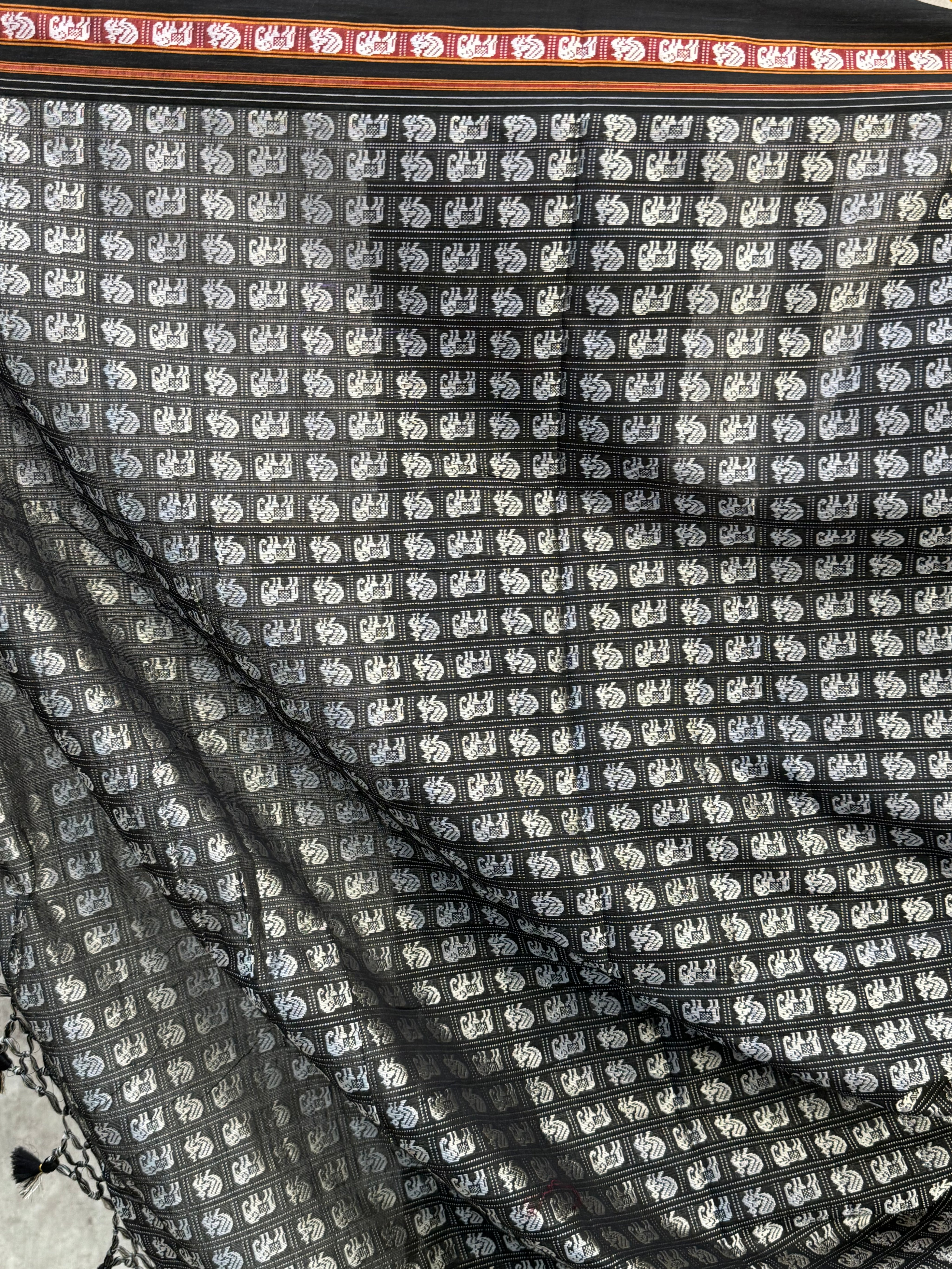 Black-Silver Hathi Mor Khun Saree - SRBSHMKS32