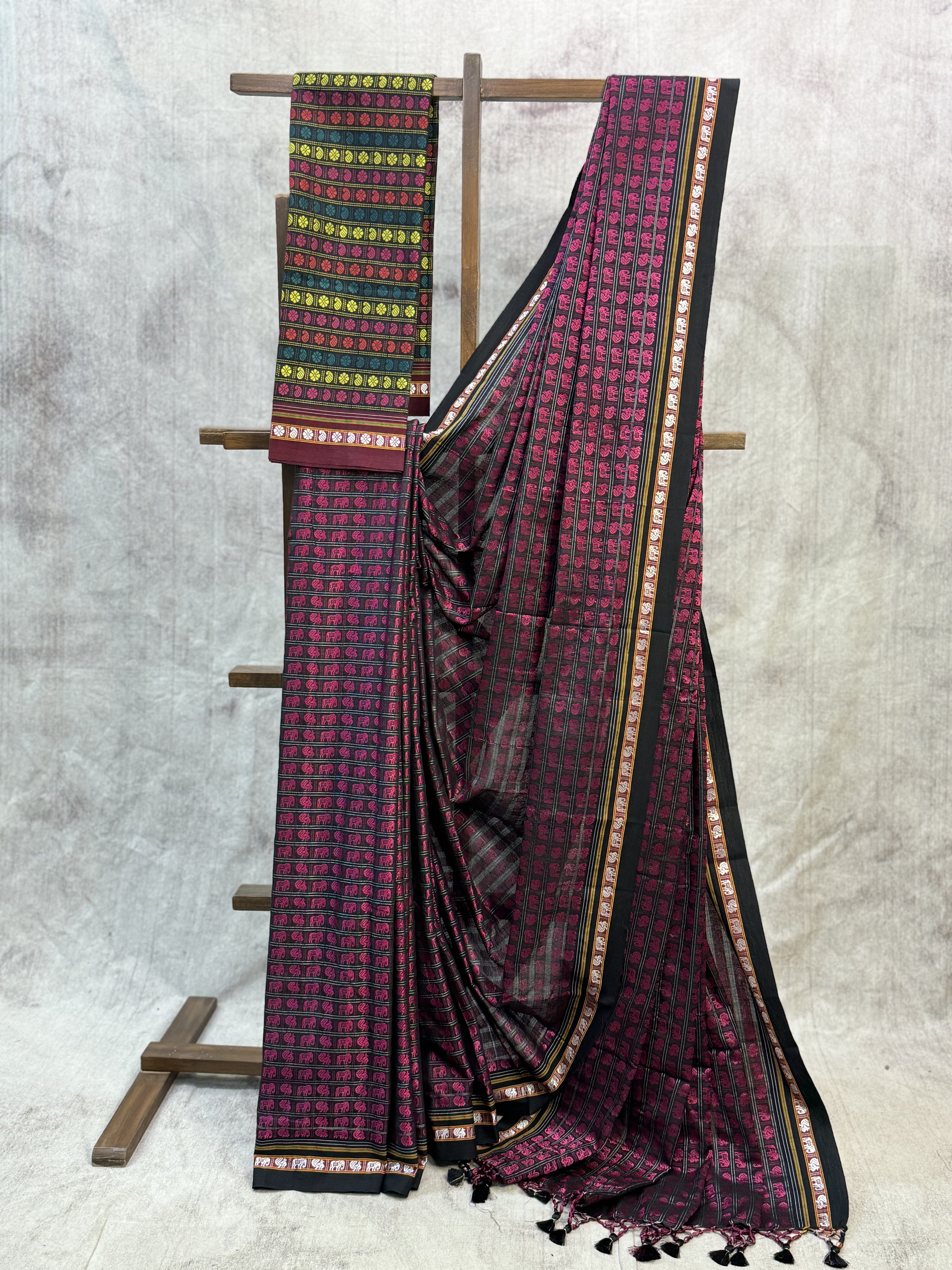 Black-Pink Hathi Mor Khun Saree-SRBPHMKS37