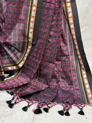 Black-Pink Hathi Mor Khun Saree-SRBPHMKS37