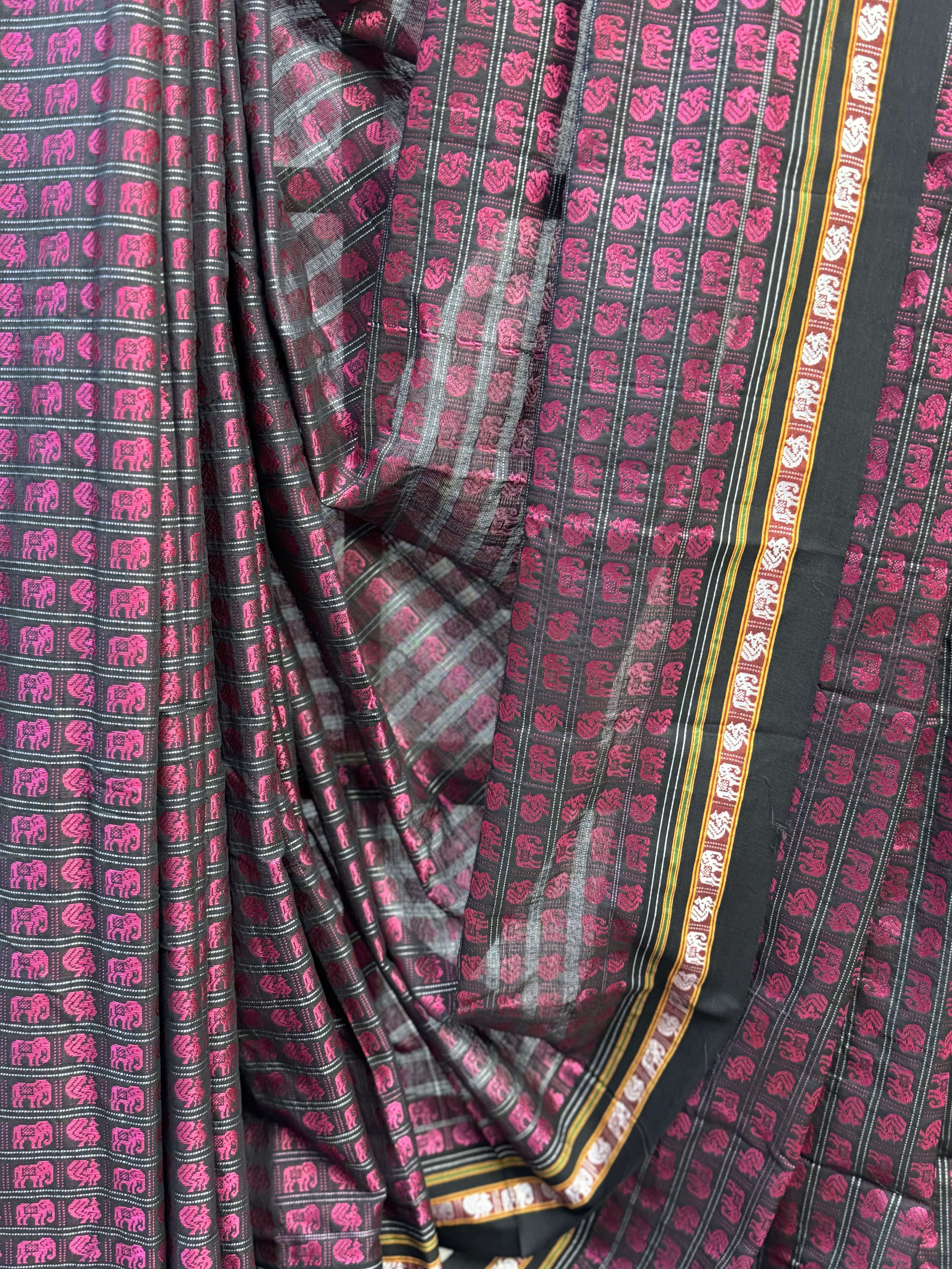 Black-Pink Hathi Mor Khun Saree-SRBPHMKS37