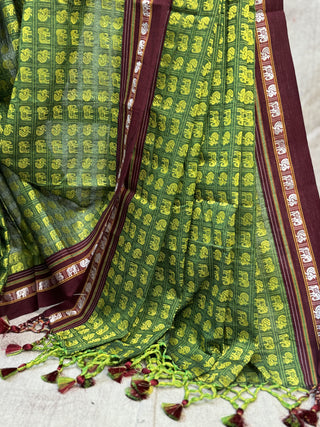 Green-Parrot Green Hathi Mor Khun Saree - SRGPGHMKS33