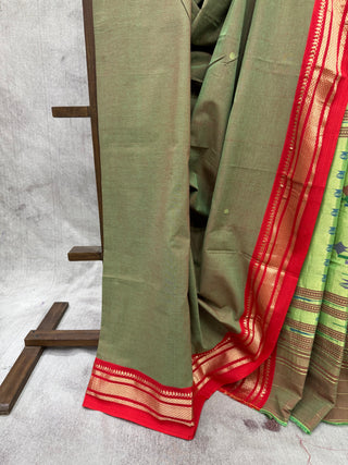 Moss Green Cotton Paithani Saree-SRMGCPS354