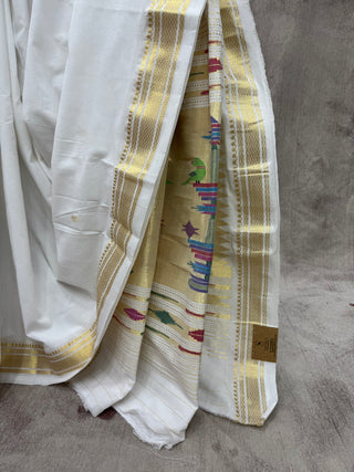 White Cotton Paithani Saree-SRWCPS363